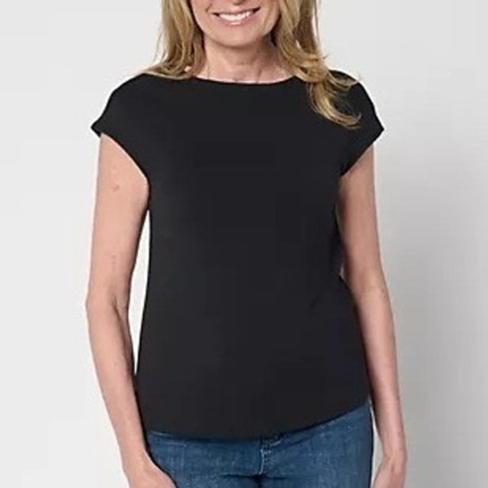 Me by Jennie Garth Womens XS Black Marie Boatneck Cap Sleeve Tee Office A693032 - Picture 2 of 10